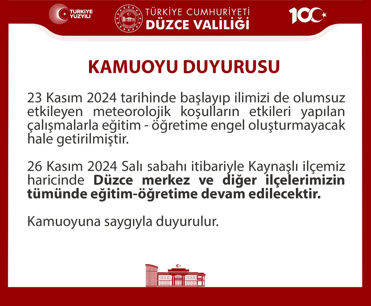 duzce_valiligi's tweet photo. 26 Kasım 2024 Salı günü Eğitim-Öğretime Devam Edileceği Hakkındaki Kamuoyu Duyurusu 📢 https://t.co/7rubYJptSv