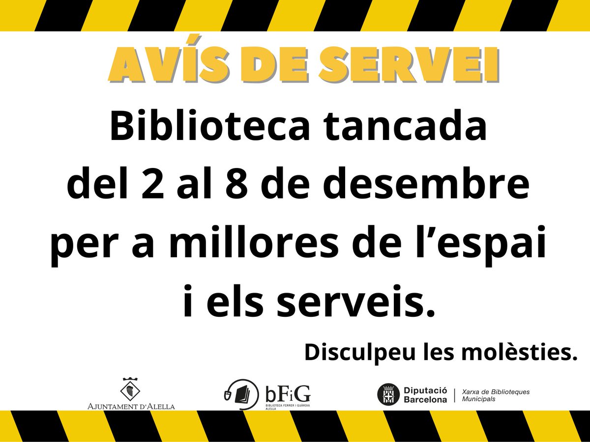 📢AVIS DE SERVEI 
❗Del 2 al 8 de desembre la biblioteca romandrà tancada per a millores de l'espai i els serveis.
📚 Aprofiteu aquesta setmana, de finals de novembre, per agafar en préstec lectures pel pont de la puríssima.
#bibliotequesxbm #bibliosmaresme #AlellaCultura