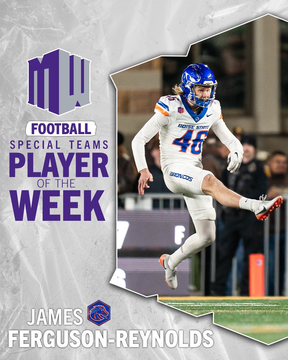 𝐒𝐩𝐞𝐜𝐢𝐚𝐥 𝐓𝐞𝐚𝐦𝐬 𝐏𝐥𝐚𝐲𝐞𝐫 𝐨𝐟 𝐭𝐡𝐞 𝐖𝐞𝐞𝐤 ➡️  𝐉𝐚𝐦𝐞𝐬 𝐅𝐞𝐫𝐠𝐮𝐬𝐨𝐧-𝐑𝐞𝐲𝐧𝐨𝐥𝐝𝐬
 
Ferguson-Reynolds was crucial in No. 12 Boise State’s 17-13 win at Wyoming, punting five times for 240 yards with a 48.0-yard average and a long of 62 yards. He placed