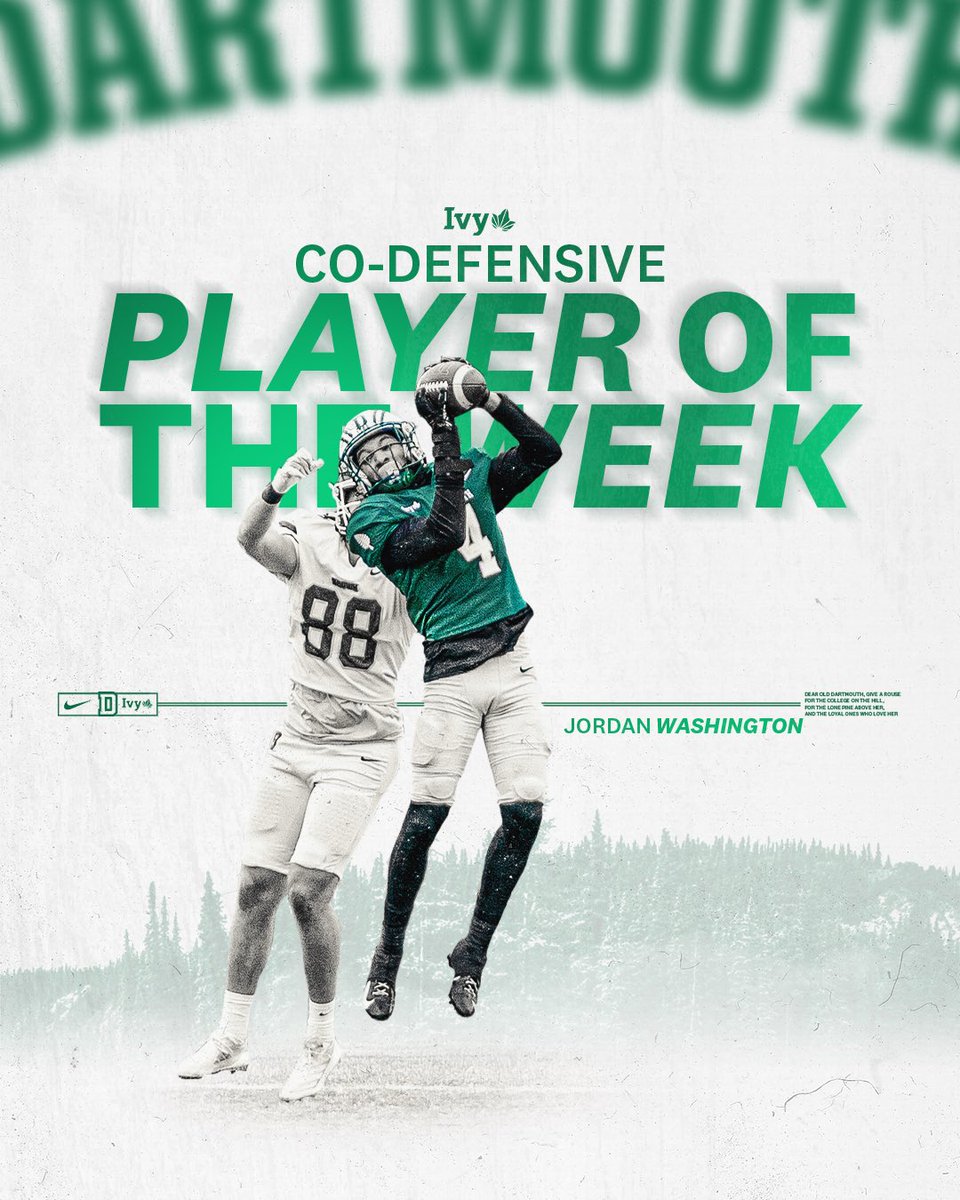 Pick 6‼️

Jordan Washington (<a href="/jordanwashfb/">JORDAN WASHINGTON💚</a>) awarded Week 10 Ivy League Co-Defensive Player of the Week.

🔗: dartsports.co/3Z4lKhN

#TheWoods #GoBigGreen