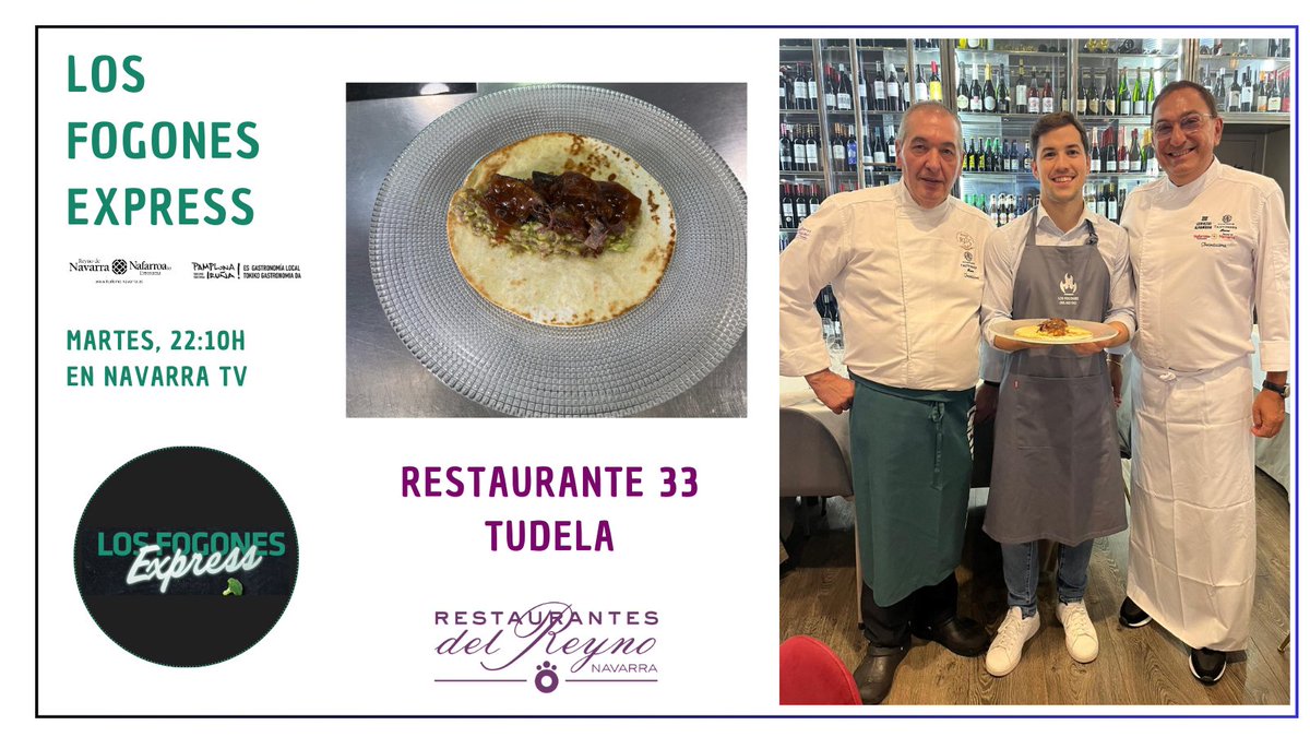 Hoy en #LosFogonesDelReyno el restaurante <a href="/Restaurante33/">Restaurante 33</a>  de #Tudela realizará 👇
🧑‍🍳Fajitas de costilla de ternera a baja temperatura con guacamole
 📺 Martes 22:10h en <a href="/NavarraTV/">Navarra Televisión</a> 
🎬 Producido #RestaurantesDelReyno
👌 Con la colaboración de <a href="/VisitNavarra/">Visit Navarra</a> y <a href="/VisitPamplona/">Pamplona - Iruña Turismo</a>