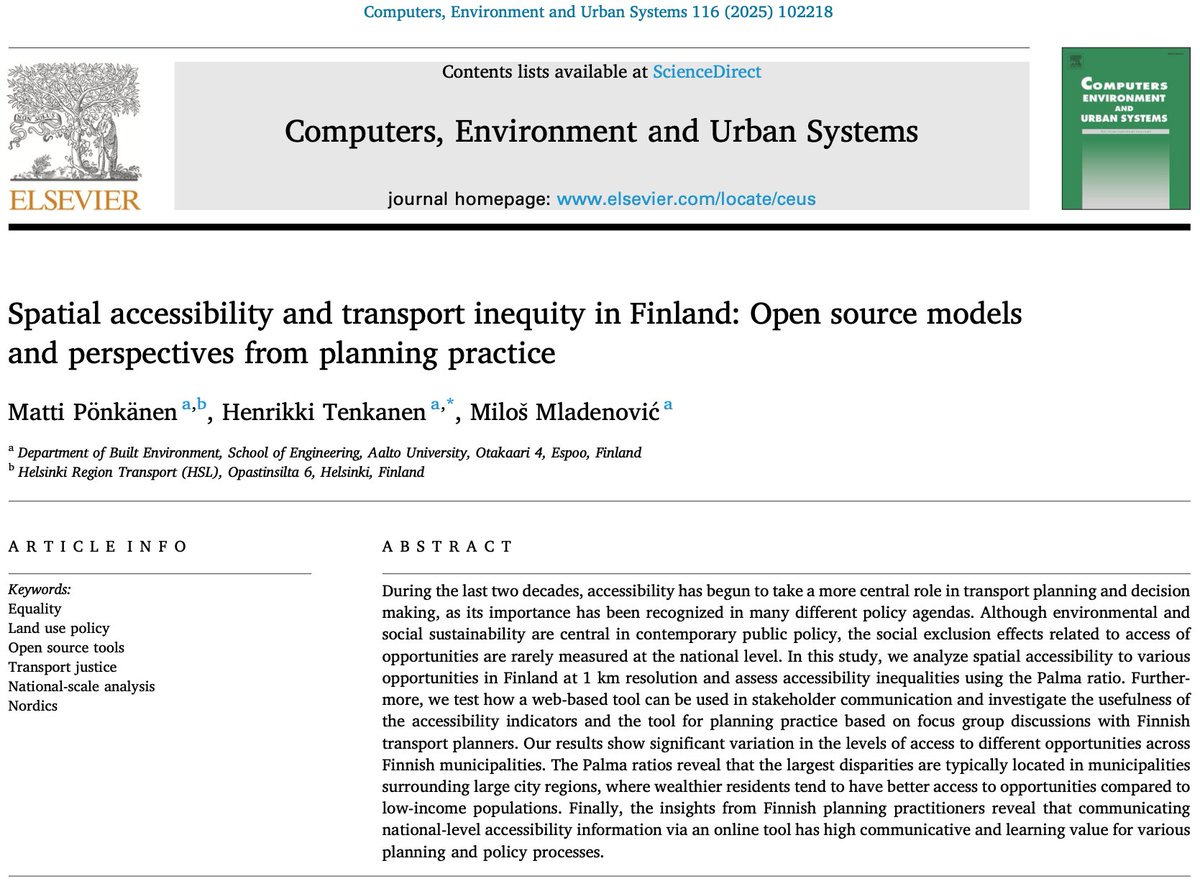 📢New paper out CEUS! We investigate spatial #accessibility and #transport #equity at national level in Finland! 😊 The work was lead by the brilliant @MPonkanen and in great collaboration with <a href="/MilosPlanner/">Miloš N. Mladenović</a>! 👏 Openly available at doi.org/10.1016/j.comp… #GIScience