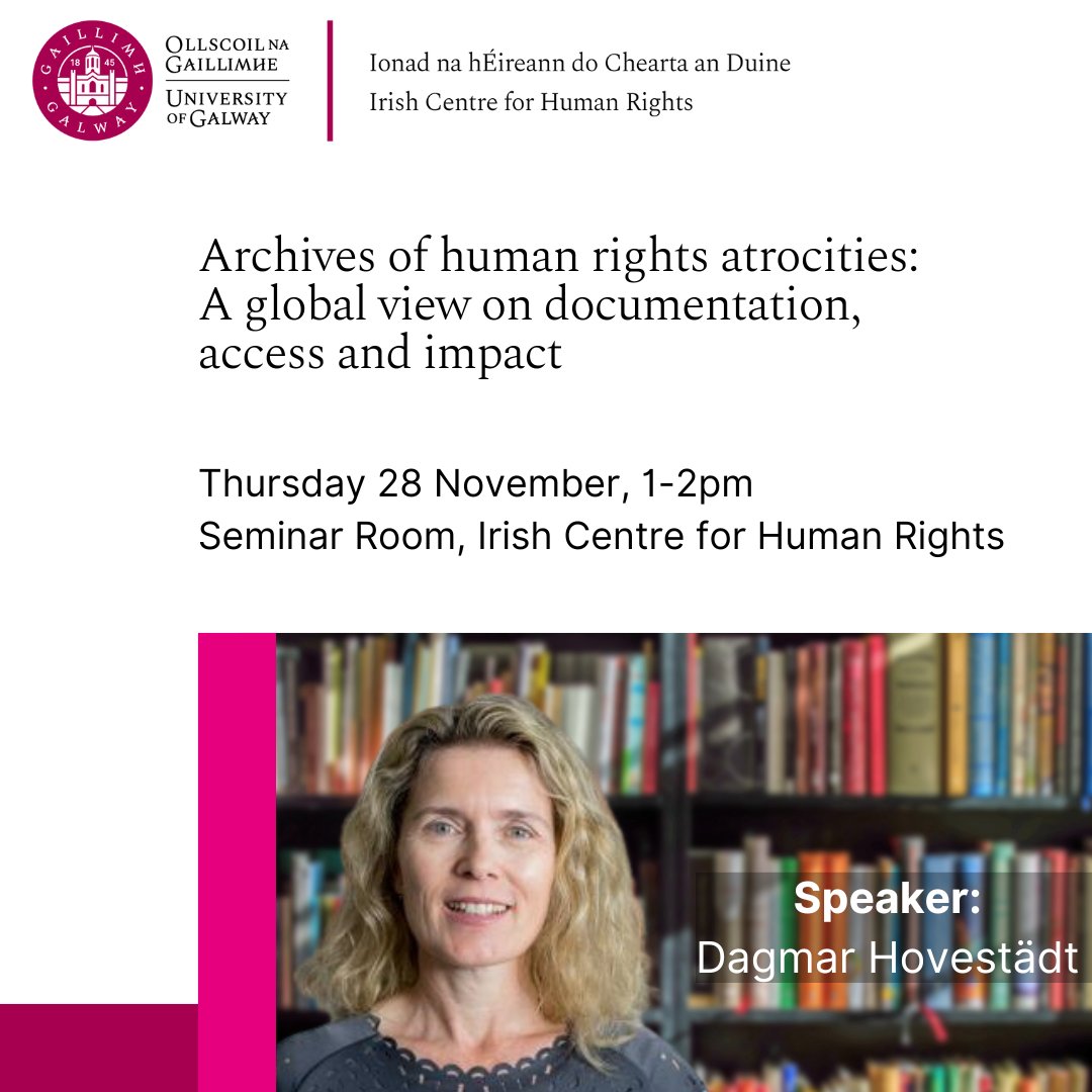 Join us this Thursday, 28 November 2024, from 1-2pm in the <a href="/IrishCentreHR/">Irish Centre for Human Rights</a> Seminar Room, <a href="/UniOfGalway/">Ollscoil na Gaillimhe | University of Galway</a>, for 'Archives of human rights atrocities: A global view on documentation, access and impact' with Dagmar Hovestädt.

More info: universityofgalway.ie/irish-centre-h…