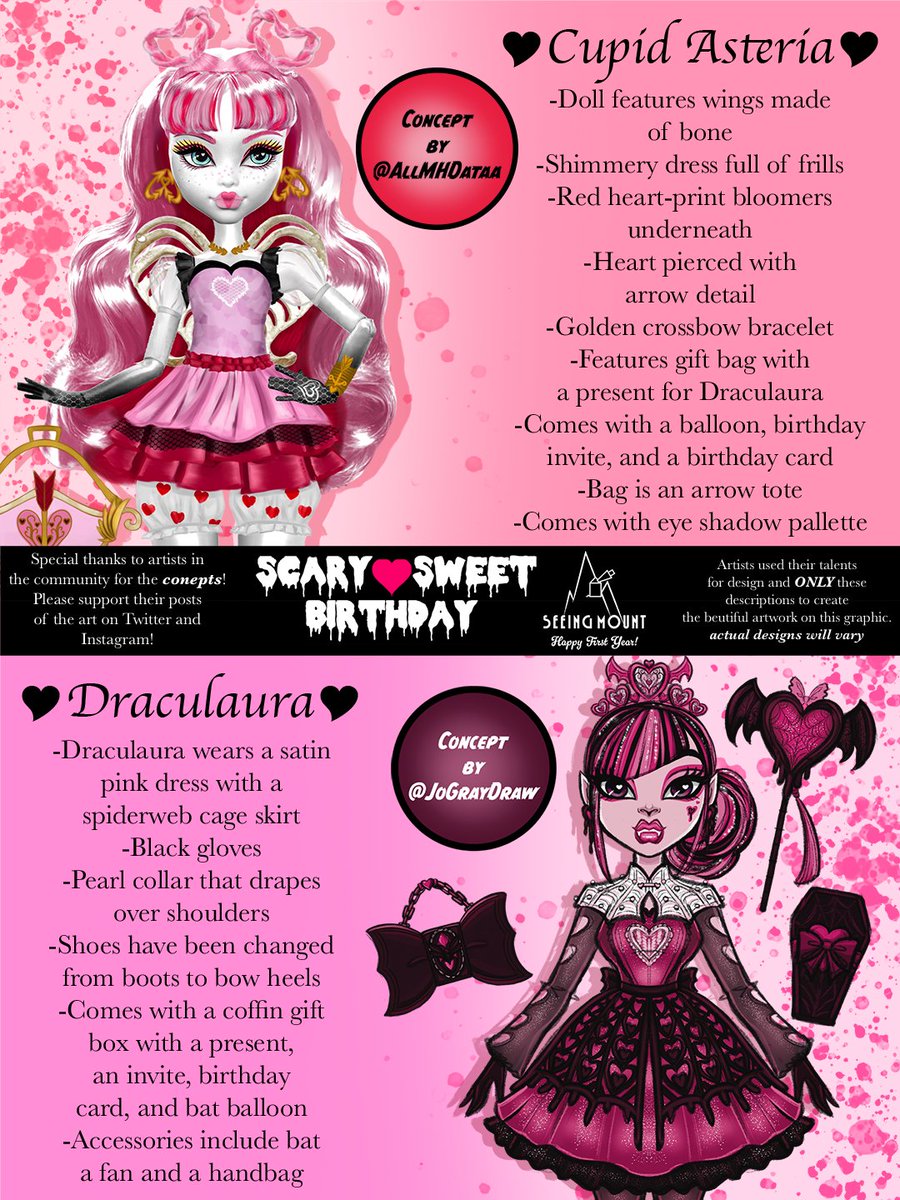 SeeingMount's tweet photo. The Scary Sweet descriptions are here for the Happy First Year celebration! Cupid flies in from Mount Olympus to join the party!

Special thanks to @AllMHDataa and @wysps here on Twitter and JoGrayDraw and GGTheeGorgon on Instagram!

@cleosnilee had the idea of collaborating!