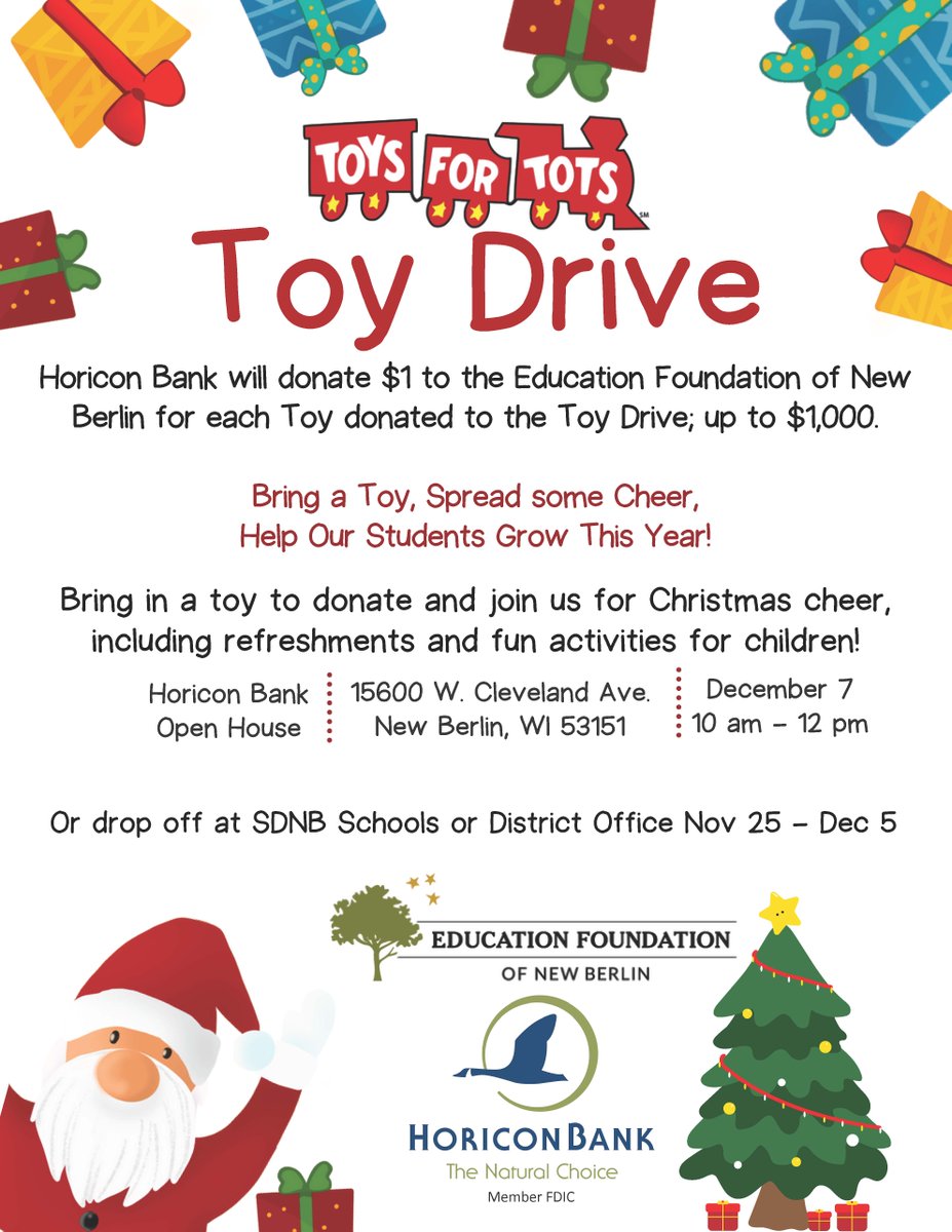 Join the Toys for Tots Toy Drive! Horicon Bank donates $1 to EFNB for each toy (up to $1,000)!

12/7, 10 AM-12 PM
15600 W. Cleveland Ave., New Berlin

Drop toys at SDNB schools or District Office 11/25-12/5. Spread cheer, support students! #ToysForTots #EFNB #HoriconBank #SDNB