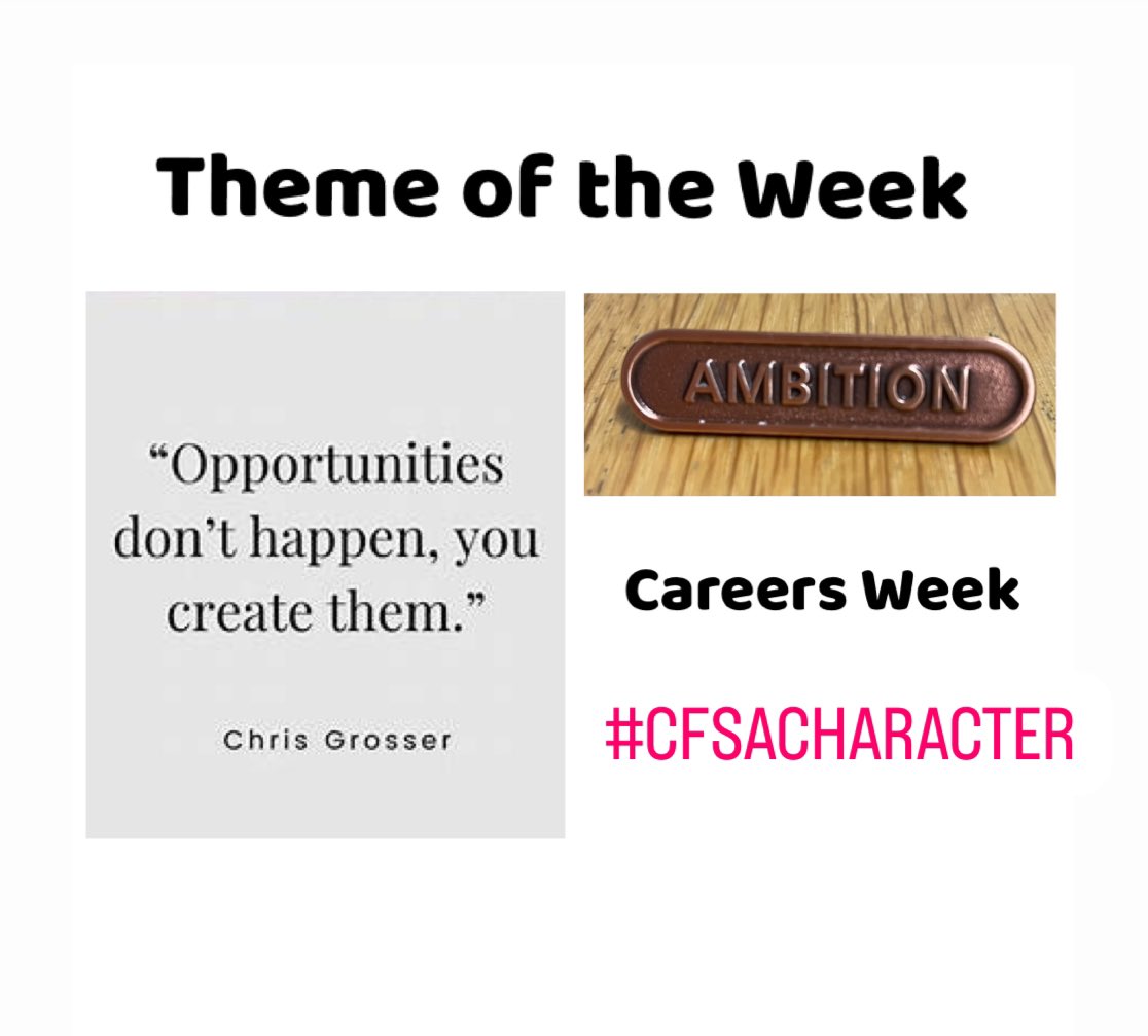 This week in assemblies and in tutor time, we will be thinking about and discussing Careers Week as part of our Ambition Character trait. Do you know which dream career you want? Do you know what you need to do to make that dream a reality? #cfsacharacter #cfsfamily❤️