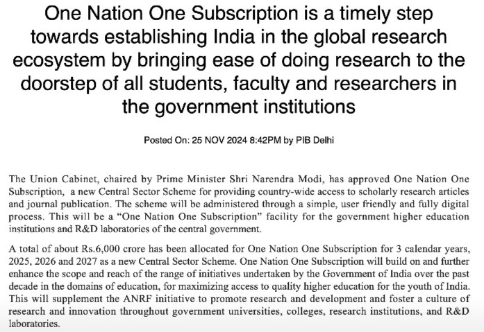 shashankT_26's tweet photo. 'One Nation One Subscription'-if effectively implemented and efficiently used by young researchers, can eliminate research lacunae caused by inaccessible costly/rare classical and contemporary research works hidden behind  paywalls.

The researchers' community welcomes this step. https://t.co/jpPQJVigqJ