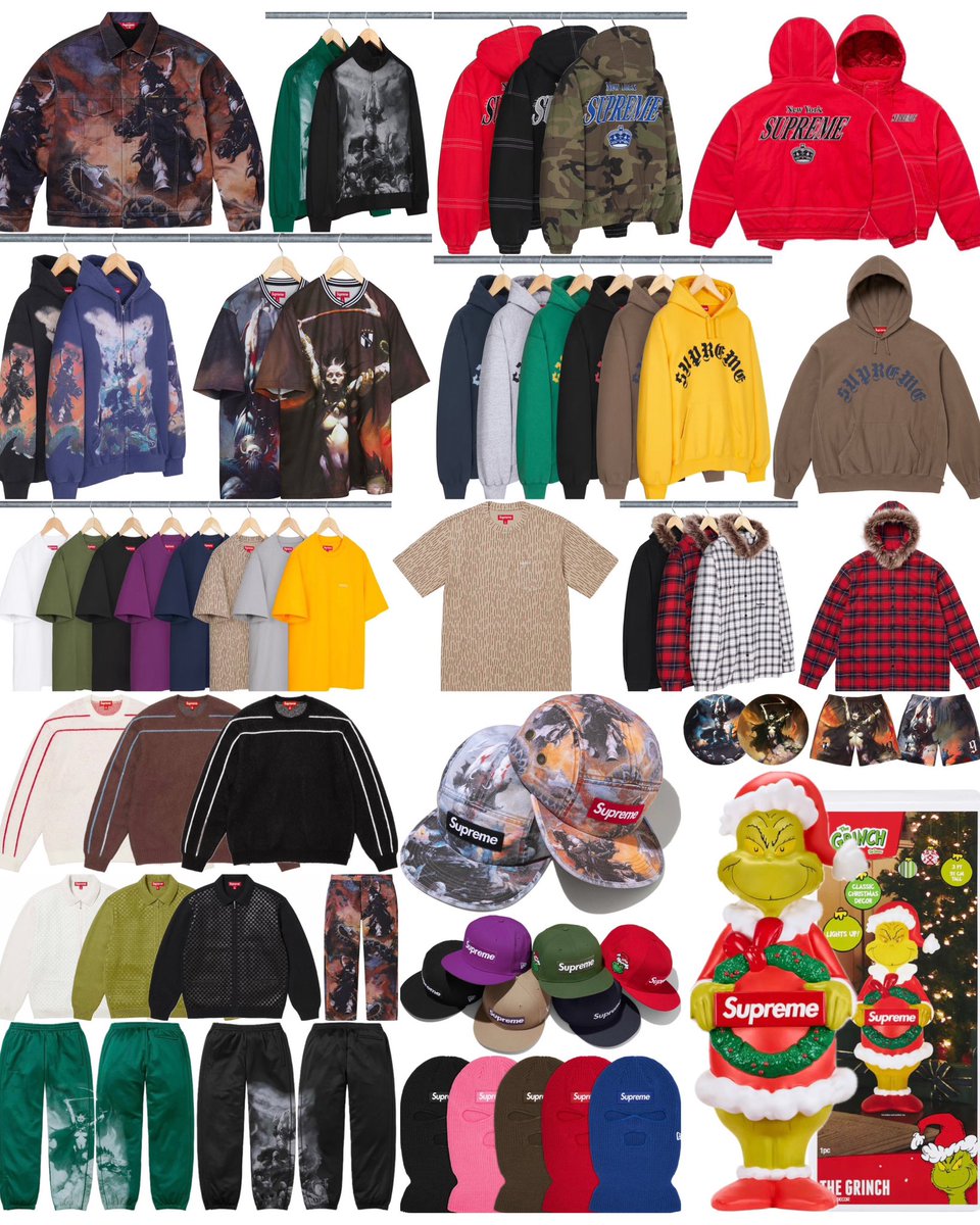 DropsByJay's tweet photo. Supreme Week 15
Here is this week drop list featuring Frank Frazetta, The Grinch, Box Logo Ski Masks, Mitchell &amp; Ness and much more. What are you grabbing this week?

Releasing Friday November 29th at 11am EST (US) 16:00 CEST (EU) 3pm BST (UK) and in Asia on Saturday 11/30. https://t.co/eVLTtqGOAH
