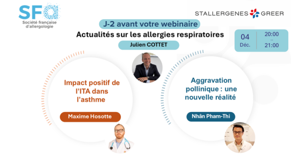 SocieteSfa's tweet photo. J-2 AVANT VOTRE WEBINAIRE : Actualités sur les allergies respiratoires

Rdv le le 04/12 de 20h00 à 21h00 pour le webinaire de la SFA avec le soutien de @StallergenesCom

Inscription gratuite, obligatoire et réservée aux professionnels de santé !
➡️ https://t.co/bsKWma4pd8 https://t.co/F6ZjPRwUuF