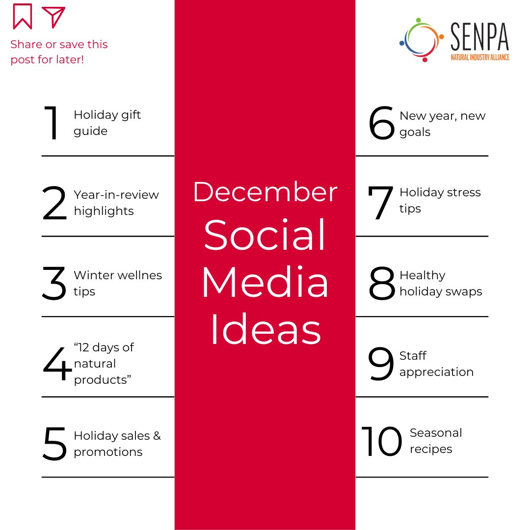 December is almost here! Here are some social media post ideas to finish 2024 strong. Need help customizing these for your specific business? Comment or message us, and we'd be happy to help.

#SENPA #NaturalProductsIndustry #DecemberSocialMediaIdeas #IndependentRetailer