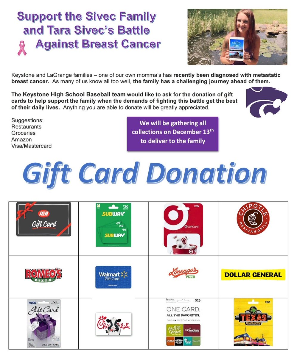 Happy Thanksgiving week everyone!  Tara Sivec and her family are in crisis.  Please take a moment to send your positive energy to them and consider helping out.  Donations can be brought to open gym, envelopes at the schools, 20135 Foster Rd or we will pick up personally.