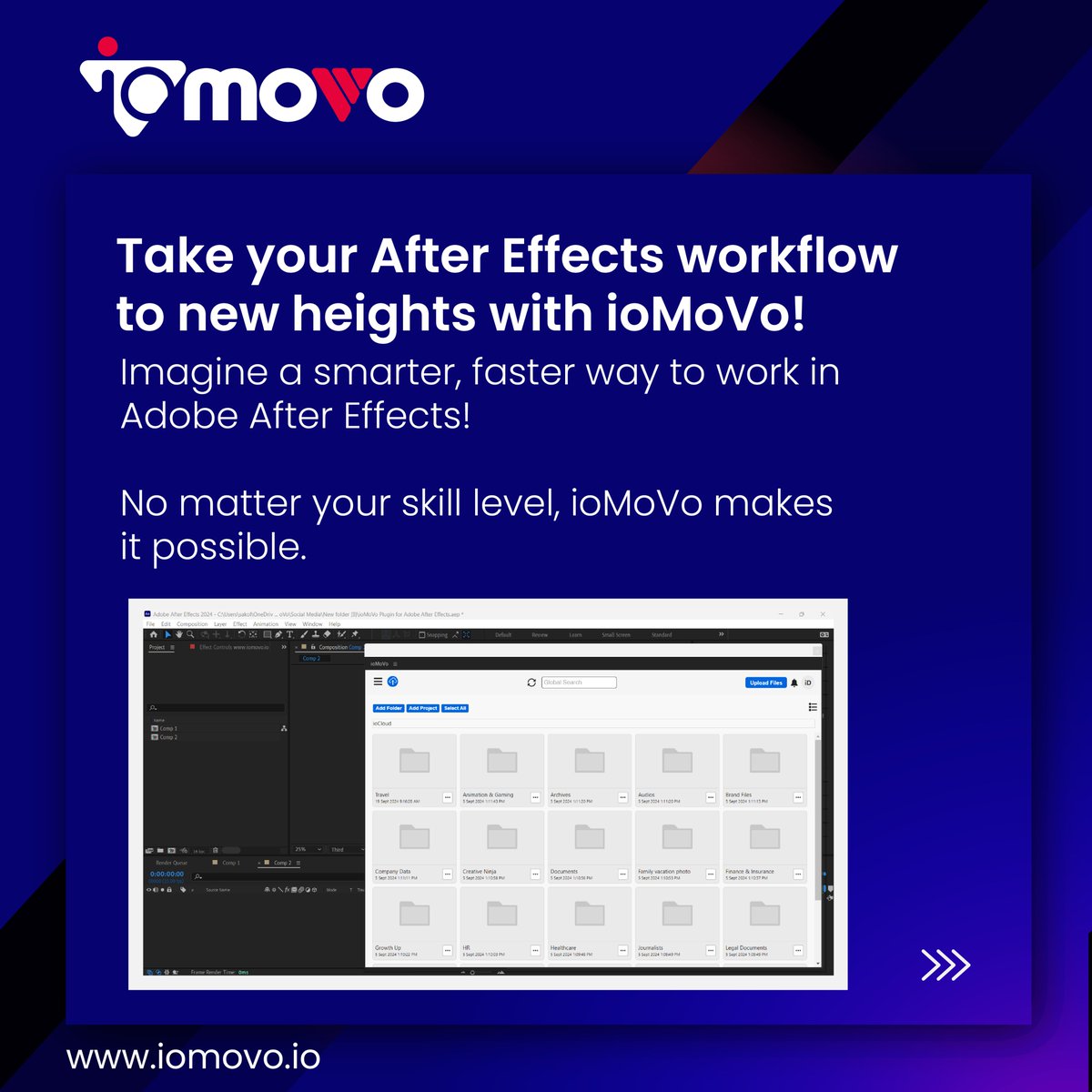iomovoio's tweet photo. Supercharge your After Effects workflow with ioMoVo! 🚀

Effortlessly access, organize, and collaborate on assets directly in #AdobeAfterEffects. 🌟

✨ Boost Efficiency
📂 Stay Organized
🤝 Seamless Collaboration
💾 Save Space
Simplify your editing process with ioMoVo! 🎬 https://t.co/YgFZJfRr2u