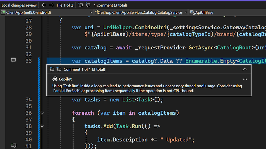 madskristensen's tweet photo. Get a GitHub Copilot code review on your local changes before you commit. This will help me make fewer mistakes.

Coming soon to Visual Studio...