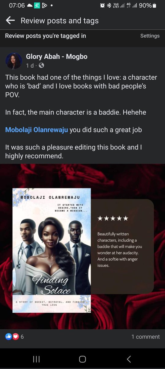 obolaji's tweet image. A beautiful review for Finding Solace from my editor, @gloryabahmogbo. Thank you for the review and a job well done.

A beautiful xter with an annoying attitude and audacity, a softie with an anger issues, Finding Solace is available on selar, Bambooks and Amazon.
#findingsolace