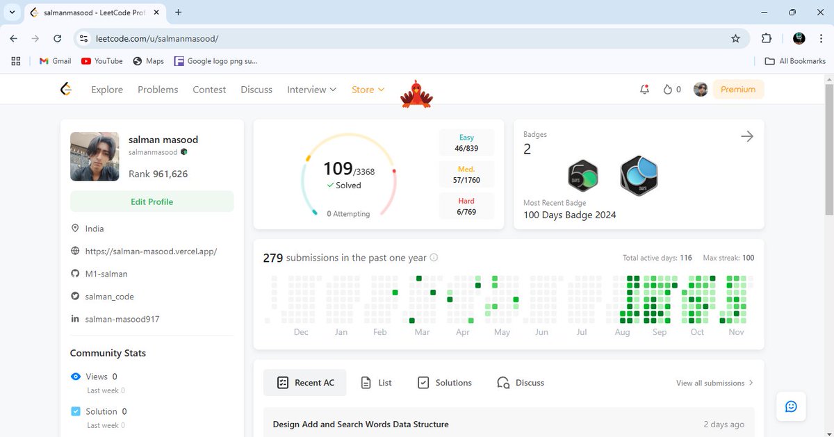 salman_code's tweet image. 🎉100 Days Streak on LeetCode - Milestone Achieved!
100+ problem solved also earned both the 50-day and 100-day badges.
@neetcode1♥️