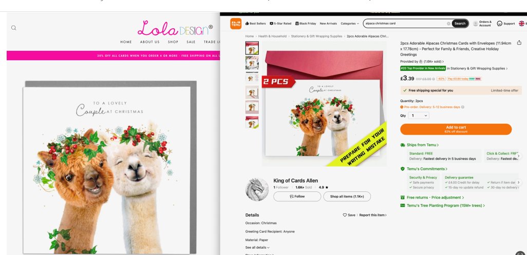 + to amplify this blatant copying, it's  impossible to keep up as new sellers pop up everyday on #Temu. Is it the same people registering with new names to overcome the previous take downs? #Temu should show respect, ethics &amp; compliance <a href="/DesignLola/">Lola Design</a> <a href="/The_IPO/">Intellectual Property Office UK</a> <a href="/RachaelMaskell/">💙Rachael Maskell MP</a>
