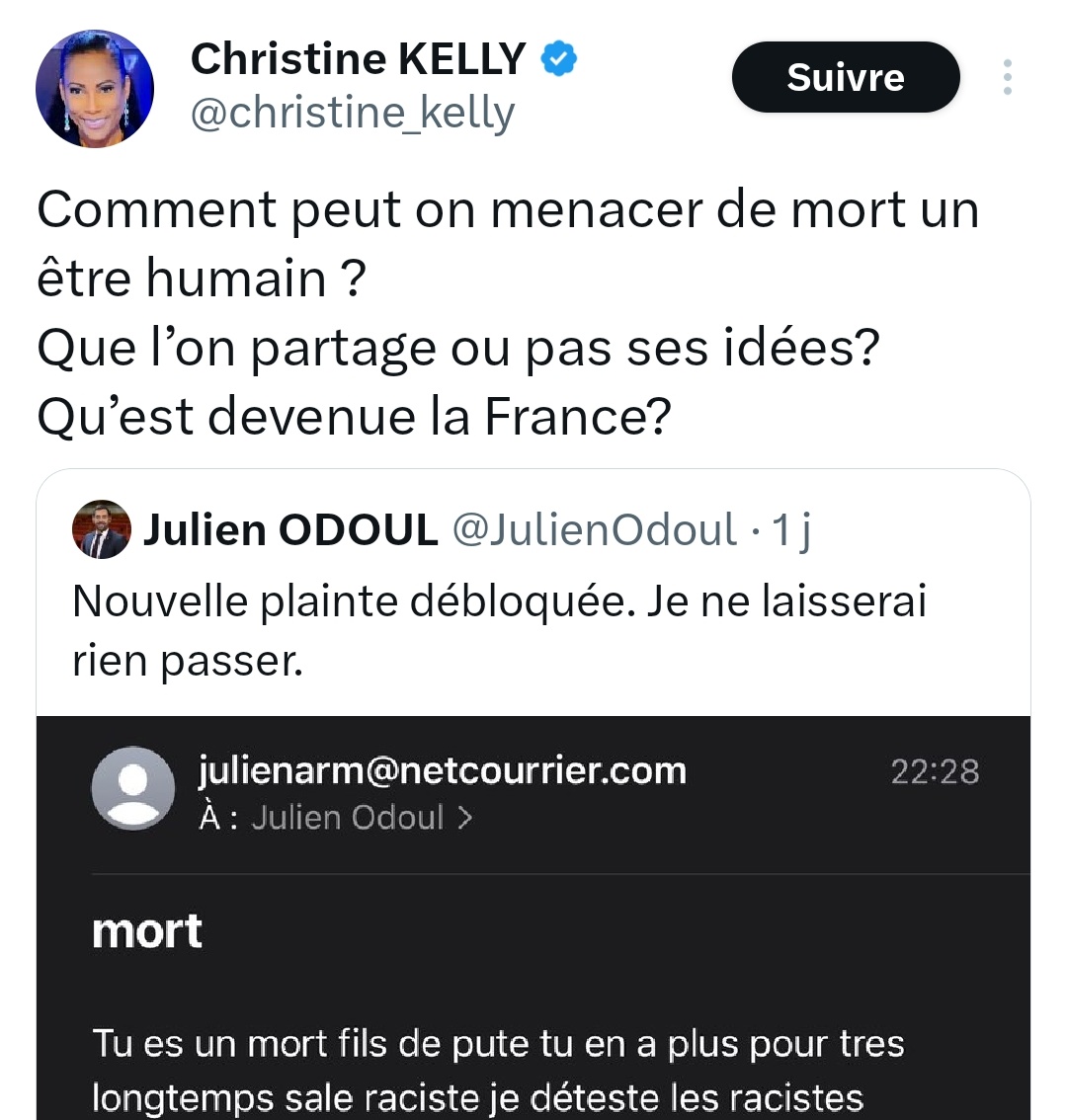 Comment peut-on défendre un mec qui s'envoie des menaces à lui-même ?
Même si on partage ses idées ?
Qu'est devenue la France ?