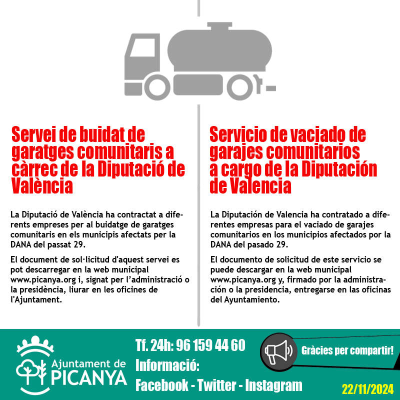 aPicanya's tweet photo. Servei de buidat de garatges comunitaris a càrrec de la Diputació de València
-----------
Servicio de vaciado de garajes comunitarios
a cargo de la Diputación de Valencia
Més informació:
https://t.co/tR3s0fZIP5 https://t.co/gtE6jlQ5jm