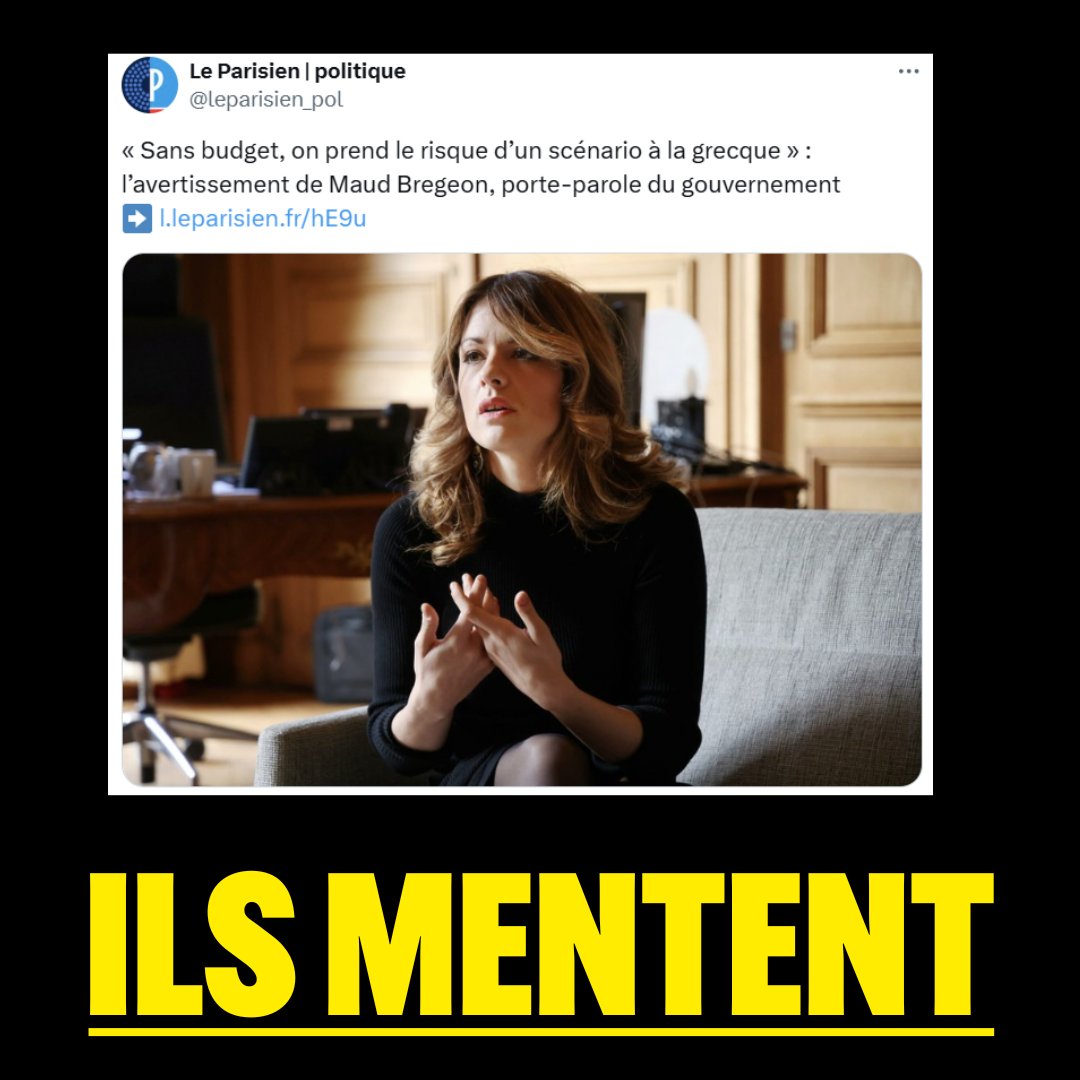 Les macronistes racontent n’importe quoi pour se maintenir au pouvoir.

Selon eux, censurer Barnier conduirait à la banqueroute de l’État.

Un mensonge de plus, je vous explique ⤵️