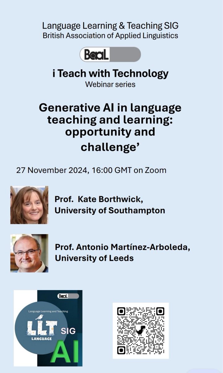 BAAL Language Learning and Teaching SIG (@lltsigbaal) on Twitter photo This Wednesday, our <a href="/__BAAL/">BAAL: British Association for Applied Linguistics</a> #LLTSIG Webinar will be on "#GenAI in language teaching and learning"
🗣️ Prof Kate Borthwick
🗣️ Prof Antonio Martínez-Arboleda
📅 27.11.2024
⏰ 16.00 GMT
💻 ZOOM
✏️Register: docs.google.com/forms/d/1FH7sl…
#BAAL #LanguageEducation #LanguageTeaching This Wednesday, our <a href="/__BAAL/">BAAL: British Association for Applied Linguistics</a> #LLTSIG Webinar will be on "#GenAI in language teaching and learning"
🗣️ Prof Kate Borthwick
🗣️ Prof Antonio Martínez-Arboleda
📅 27.11.2024
⏰ 16.00 GMT
💻 ZOOM
✏️Register: docs.google.com/forms/d/1FH7sl…
#BAAL #LanguageEducation #LanguageTeaching