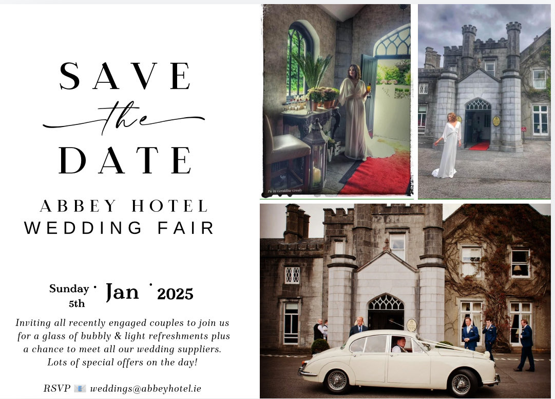 AbbeyHotelRoscommon (@abbeyros) on Twitter photo Attention all newly engaged couples 💍
Save the date 05/01/2025 for our Winter Wedding Fair at the Abbey Hotel Roscommon ✨
Meet our extensive selection of wedding suppliers on the day ✨
Couples are invited to register -
📧weddings@abbeyhotel.ie
☎️090 66 66211
📍F42F992 Attention all newly engaged couples 💍
Save the date 05/01/2025 for our Winter Wedding Fair at the Abbey Hotel Roscommon ✨
Meet our extensive selection of wedding suppliers on the day ✨
Couples are invited to register -
📧weddings@abbeyhotel.ie
☎️090 66 66211
📍F42F992