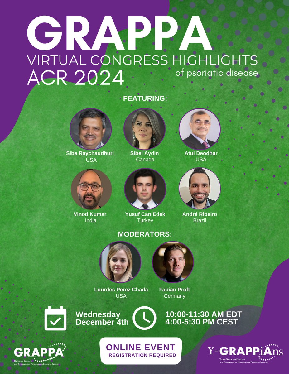 We’re excited to hear from this esteemed faculty next week as they share key updates on psoriatic disease from the recent ACR Convergence in Washington, DC.
 
🗓️December 4th 
⏰10:00 AM – 11:30 AM EDT | 4:00 PM – 5:30 PM CEST 
💻Free registration open to all