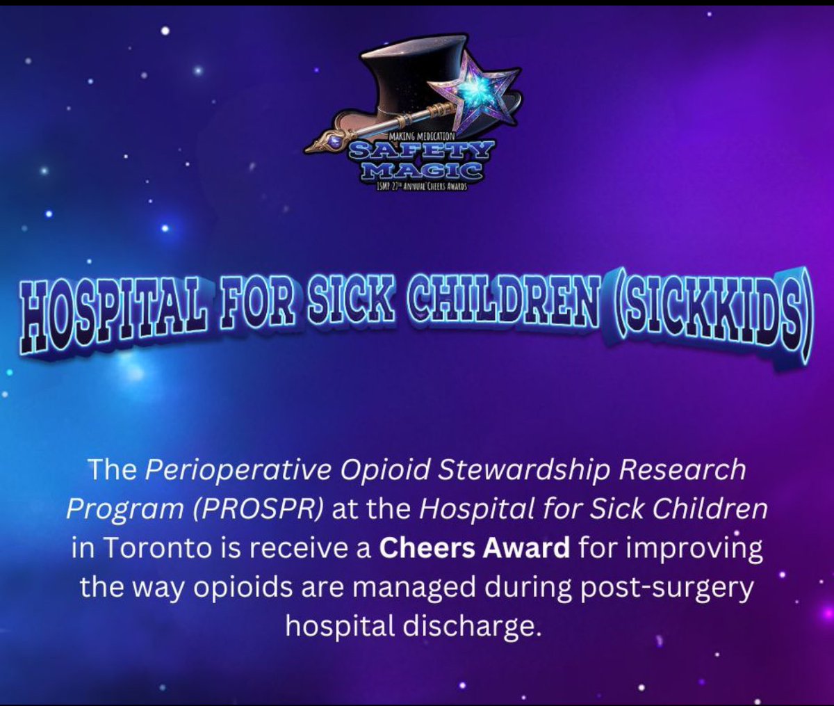 Maha Al Mandhari (@almandhariam) on Twitter photo Really proud that my master’s <a href="/ihpmeuoft/">IHPME</a> project was awarded an ISMP award. So lucky to have worked with <a href="/conorpunchbook/">Conor Mc Donnell</a> and the <a href="/SKAnesthesia/">SickKids Anesthesia and Pain Medicine</a> team and to have contributed, even in a small way.
Congratulations to the whole team and the extraordinary work done. Really proud that my master’s <a href="/ihpmeuoft/">IHPME</a> project was awarded an ISMP award. So lucky to have worked with <a href="/conorpunchbook/">Conor Mc Donnell</a> and the <a href="/SKAnesthesia/">SickKids Anesthesia and Pain Medicine</a> team and to have contributed, even in a small way.
Congratulations to the whole team and the extraordinary work done.