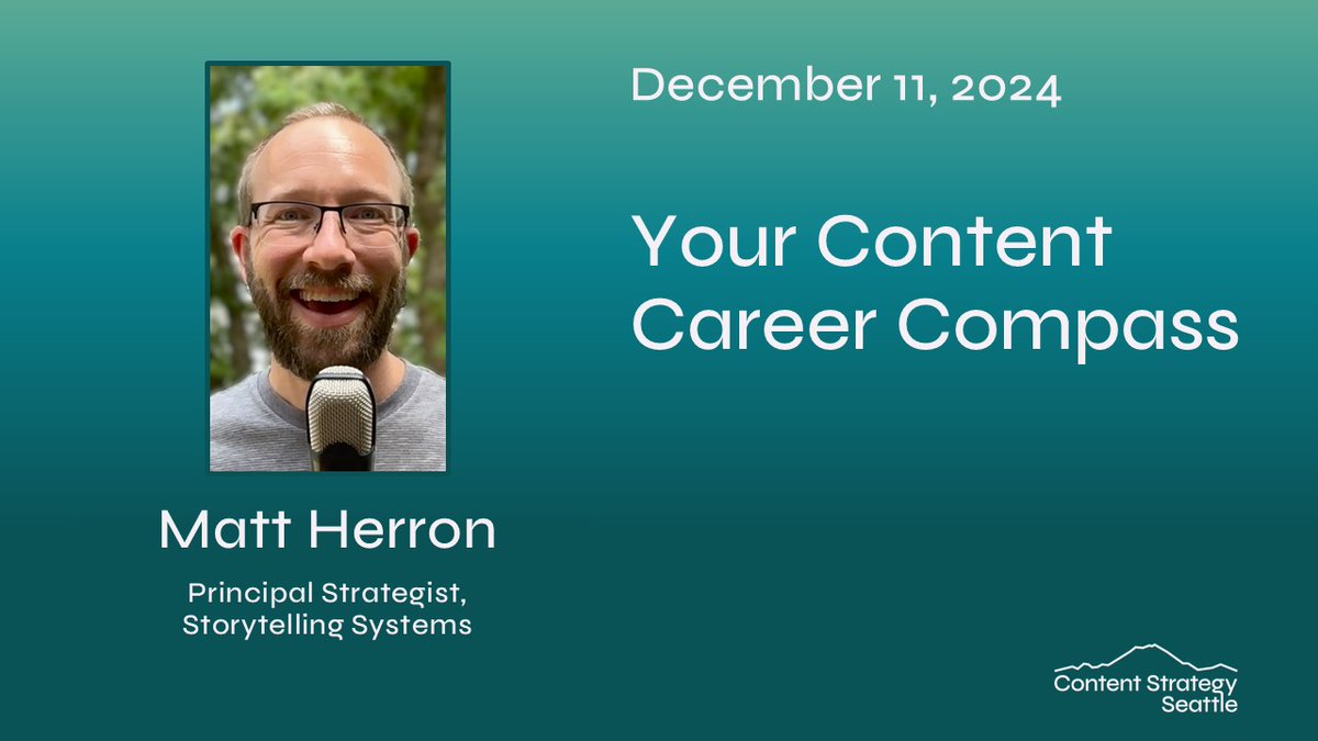 What #content #skills will you need for 2025 and beyond? Join Matt Herron (@mgherron) at our next virtual event at 6 p.m. PST Dec. 11 as he helps us all understand where our content #career compass may take us.

RSVP: meetup.com/content-strate…