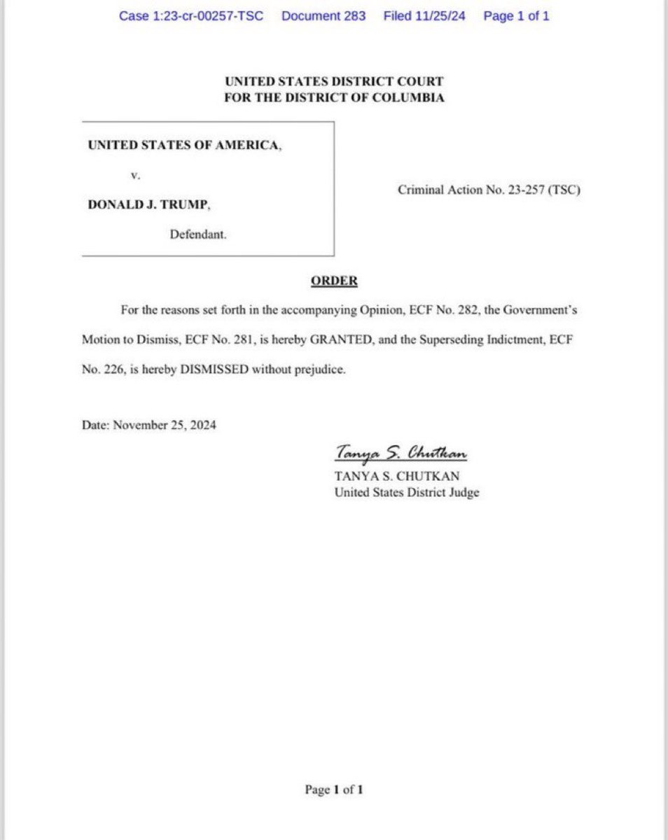 The47Record's tweet photo. The Jack Smith case against President Trump was just formally dismissed by Judge Chutkan.

✅ https://t.co/xJFOEcUN7J
