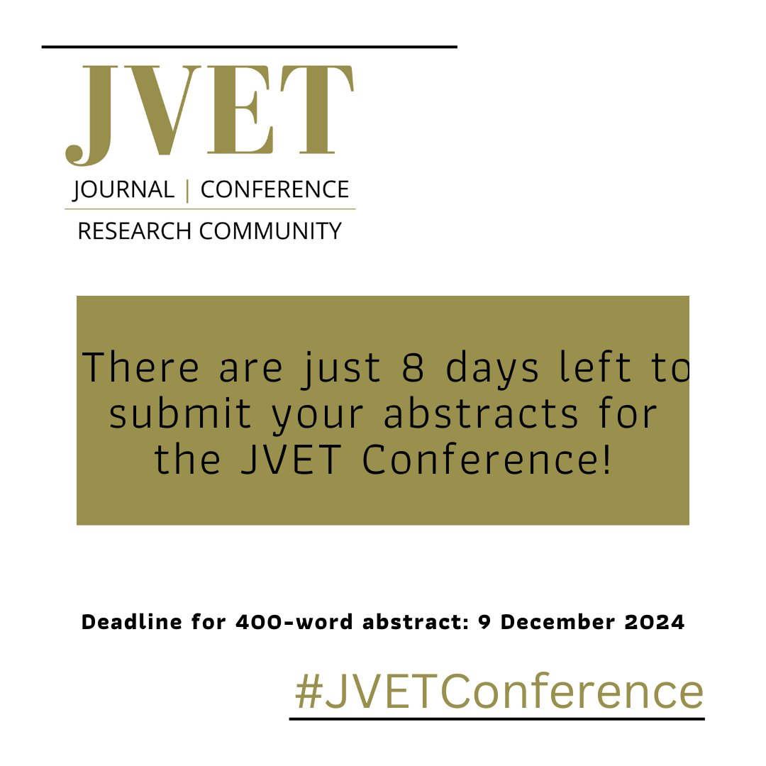 The JVET Conference Committee invites contributions to our successful biennial international conference!  

Have you submitted your abstract yet? Hurry, just 8 days to go! 

More info here: jvet.uk/conference-2025 
#JVETConference