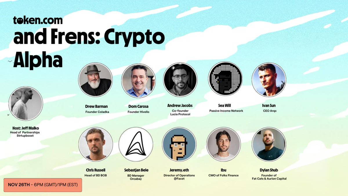 token.com (@tokencom_) on Twitter photo Token.com & Frens on Spaces Tomorrow🚨
Speakers🔥
<a href="/FolksFinance/">Folks Finance</a>
<a href="/HivelloOfficial/">Hivello Official</a>
<a href="/DomCarosa/">Dom Carosa (Co-Founder Hivello.com)</a>
<a href="/luciaprotocol/">Lucia</a>
<a href="/CodeIndifferent/">Code Indifferent</a>
<a href="/ARQxAI/">$ARQx AI | The Future of Jewelry</a>
<a href="/karbon1111/">Karbon</a>
<a href="/0xFacet/">Facet</a>
<a href="/posvar/">jeremy.eth</a>
<a href="/build_on_bob/">BOB</a>
<a href="/chrisonBOB/">Chris Russell</a>
<a href="/FatCatsGroup/">Fat Cats</a>
<a href="/dylanshub_/">Dylan Shub</a>
<a href="/DrewBarman/">DrewBarman (🥃)</a>
<a href="/RickhouseDAO/">@RickhouseDAO</a>
x.com/i/spaces/1yoJM… Token.com & Frens on Spaces Tomorrow🚨
Speakers🔥
<a href="/FolksFinance/">Folks Finance</a>
<a href="/HivelloOfficial/">Hivello Official</a>
<a href="/DomCarosa/">Dom Carosa (Co-Founder Hivello.com)</a>
<a href="/luciaprotocol/">Lucia</a>
<a href="/CodeIndifferent/">Code Indifferent</a>
<a href="/ARQxAI/">$ARQx AI | The Future of Jewelry</a>
<a href="/karbon1111/">Karbon</a>
<a href="/0xFacet/">Facet</a>
<a href="/posvar/">jeremy.eth</a>
<a href="/build_on_bob/">BOB</a>
<a href="/chrisonBOB/">Chris Russell</a>
<a href="/FatCatsGroup/">Fat Cats</a>
<a href="/dylanshub_/">Dylan Shub</a>
<a href="/DrewBarman/">DrewBarman (🥃)</a>
<a href="/RickhouseDAO/">@RickhouseDAO</a>
x.com/i/spaces/1yoJM…
