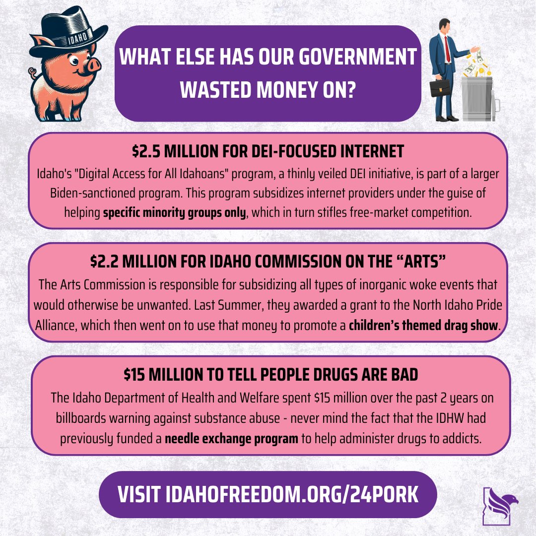 idahofreedom's tweet image. If you think your taxpayer dollars are being put to good use, think again! 
Here are just a handful of ways Idaho's government has decided to waste your money this past year.
#idpol #idleg
