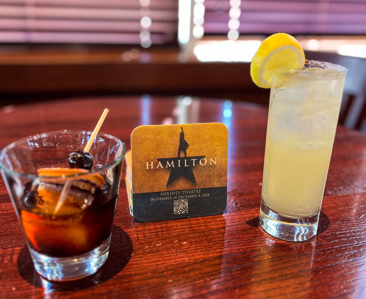 Raise a glass 🥂 to Hamilton in Hershey! Stop by Houlihan's in downtown <a href="/HersheyPA/">Hershey PA</a> for two speciality cocktails through show run on Nov. 26-Dec. 8. See the show this week: bit.ly/3ULlq6o

Left: 1804 Manhattan 🥃
Right: Philly Fish House Punch 🍹
