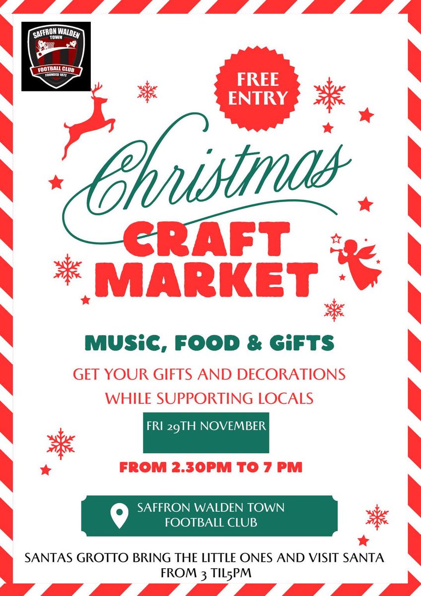 Saffron Walden Community FC (@swcommunityfc) on Twitter photo Please support the <a href="/SWTFootballClub/">Saffron Walden Town FC</a> Christmas Market on Friday, November 29! 🔴⚫️⚽️
Details are in the poster 👇🏼👇🏼
<a href="/swpsgfc/">Saffron Walden Community Girls FC</a> <a href="/swtic/">Saffron Walden TIC</a> <a href="/EssexCountyFA/">Essex County FA</a> <a href="/EssexSenior/">Essex Senior League</a> <a href="/CambsFA/">Cambridgeshire FA</a> Please support the <a href="/SWTFootballClub/">Saffron Walden Town FC</a> Christmas Market on Friday, November 29! 🔴⚫️⚽️
Details are in the poster 👇🏼👇🏼
<a href="/swpsgfc/">Saffron Walden Community Girls FC</a> <a href="/swtic/">Saffron Walden TIC</a> <a href="/EssexCountyFA/">Essex County FA</a> <a href="/EssexSenior/">Essex Senior League</a> <a href="/CambsFA/">Cambridgeshire FA</a>