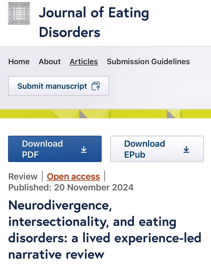 Don't miss this article that was just published about neurodivergence and eating disorders.

jeatdisord.biomedcentral.com/articles/10.11…

#neurodiversity #neurodivergence #actuallyautistic #actuallyADHD #nothingaboutuswithoutus #nutrition #feeding #eating #eatingdisorders #mentalhealth #health