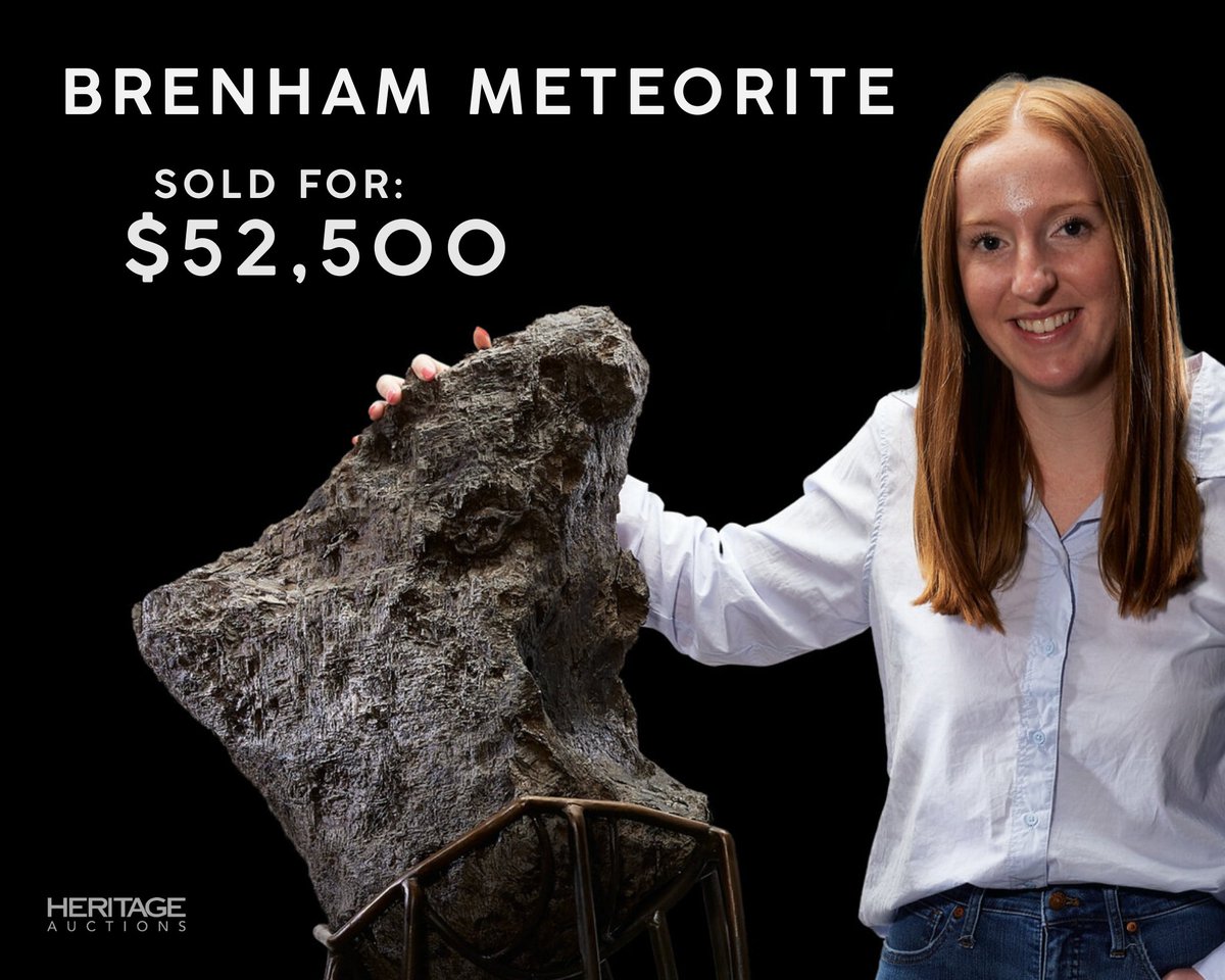 HeritageAuction's tweet photo. Less than 10 percent of all recovered Brenham Meteorites exhibit the rare Siderite form, so this piece is not only massive in size but also uncommon in form. The mesmerizing example pictured here sold for $52,500 during last week's Nature & Science Signature® Auction 🔎 More results: https://t.co/tHYTSDc0Be