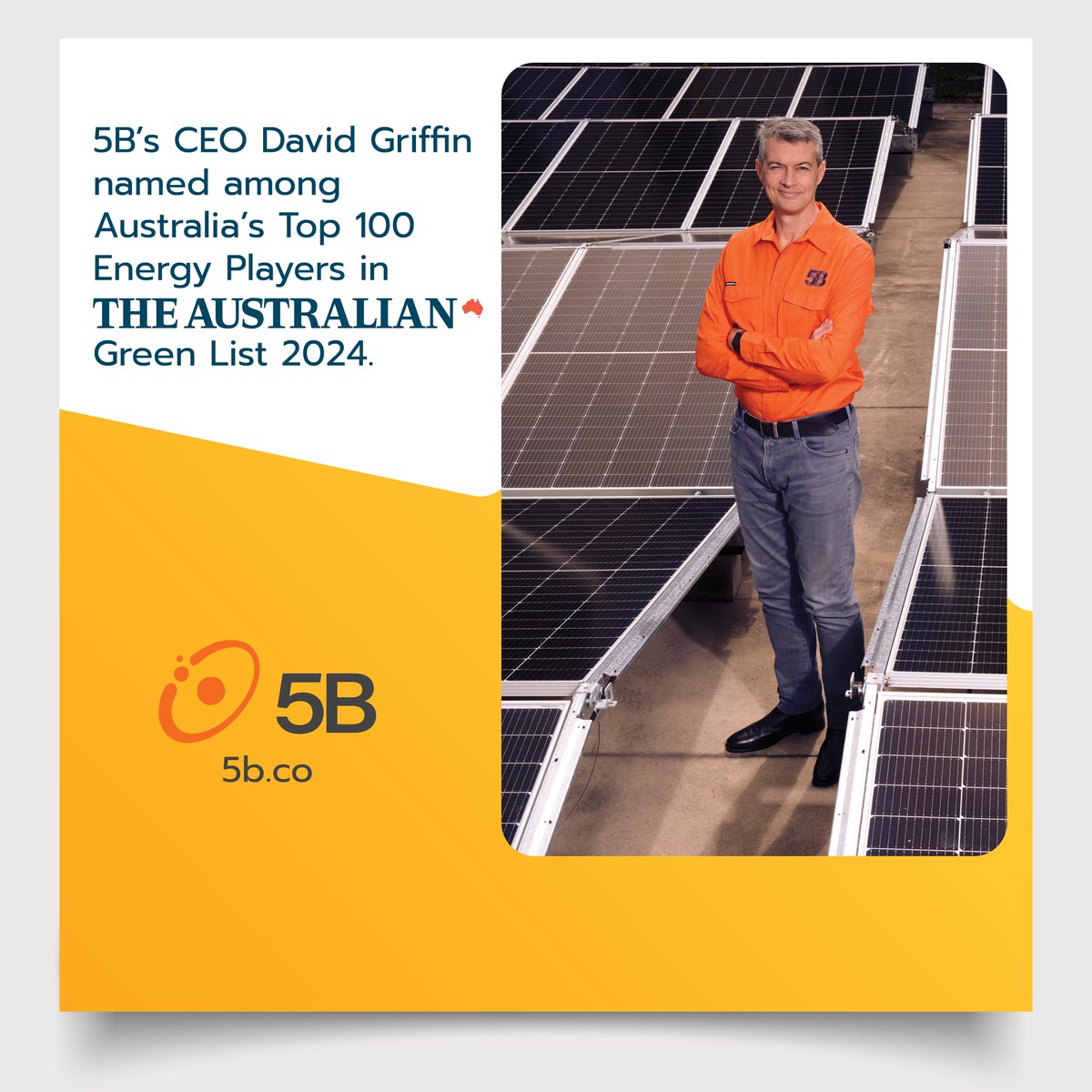 5B (@5b_tech) on Twitter photo Renewables veteran and visionary David Griffin has made The Australian's Green List of top 100 energy players. From pioneering wind farms to scaling 5B's 69MW Puerto Rico project, his impact drives Australia’s decarbonisation journey. <a href="/australian/">The Australian</a> #GreenList Renewables veteran and visionary David Griffin has made The Australian's Green List of top 100 energy players. From pioneering wind farms to scaling 5B's 69MW Puerto Rico project, his impact drives Australia’s decarbonisation journey. <a href="/australian/">The Australian</a> #GreenList