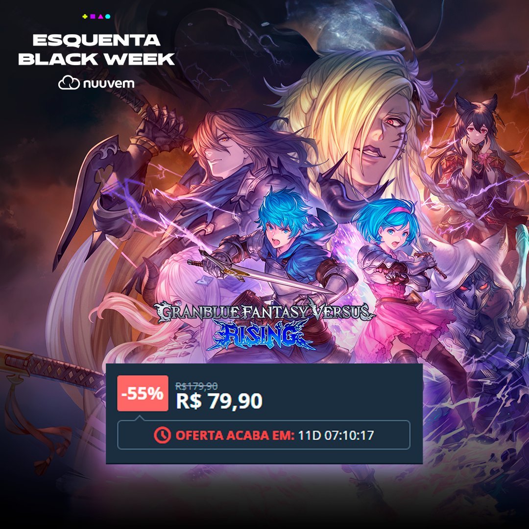 Menor preço histórico do GBVS Rising na Nuuvem!

R$ 79,90 a versão Standard e R$ 139,95 a versão Deluxe!

Confira em: bit.ly/nuuvem-gbvs-ri…

#GranblueFantasyVersusRising #GBVSR #GBFVR