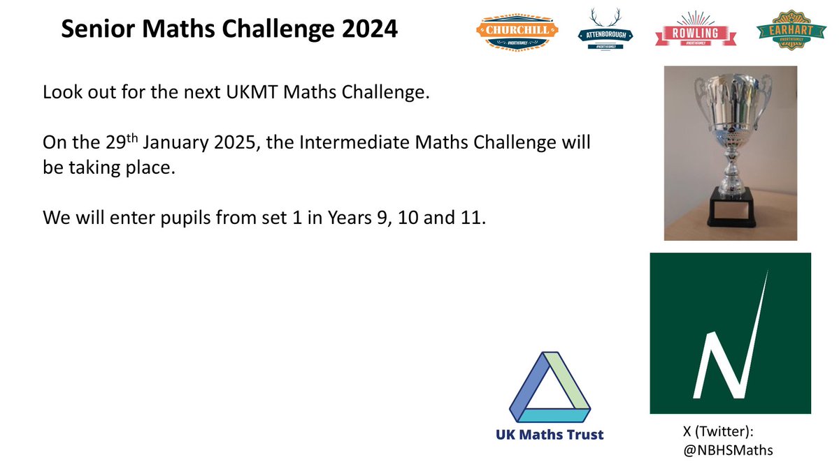 NBHS Maths (@nbhsmaths) on Twitter photo And our next Maths competition will be the <a href="/UKMathsTrust/">UK Maths Trust</a> Intermediate Maths Challenge 2025 where there will be well over 200 participants taking part! Who will be our winners?
Our thanks go to Mr Harper for organising the competitions for this academic year!
<a href="/NorthBromsgrove/">North Bromsgrove High School and Sixth Form π</a> And our next Maths competition will be the <a href="/UKMathsTrust/">UK Maths Trust</a> Intermediate Maths Challenge 2025 where there will be well over 200 participants taking part! Who will be our winners?
Our thanks go to Mr Harper for organising the competitions for this academic year!
<a href="/NorthBromsgrove/">North Bromsgrove High School and Sixth Form π</a>