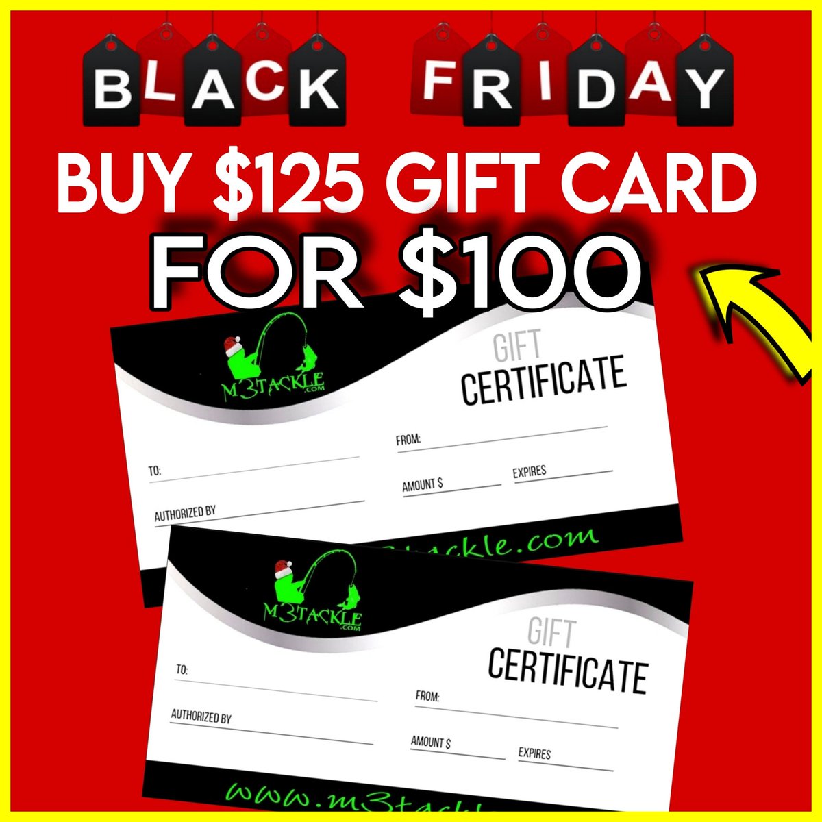 m3tackle's tweet photo. Black Friday starts NOW at M3Tackle!! 💰💰💰

💥PURCHASE A $125 GIFT CERTIFICATE, FOR ONLY $100!! DISCOUNT AUTOMATICALLY APPLIES AT CHECKOUT!

💥SALE STARTS NOW, THROUGH BEST TUESDAY!!

💥PURCHASE AS A GIFT FOR A FRIEND OR LOVED ONE, OR PURCHASE FOR YOURSELF!!

ORDER HERE https://t.co/uXZZKkH5pc