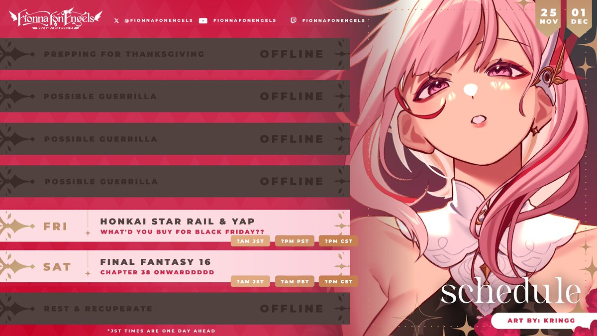 FionnafonEngels's tweet image. 🪽💗【Schedule･ NOV25-DEC1】💗🪽
SUPER FLEXI GORIRA WEEK sorry! The holidays require lots of my attention🪽 Gori games will likely be Powerwash or Guilty Gear Strive - it all depends on if I can get my cooking &amp;amp; baking done quickly enough after work~

Have a good holiday💗🎶