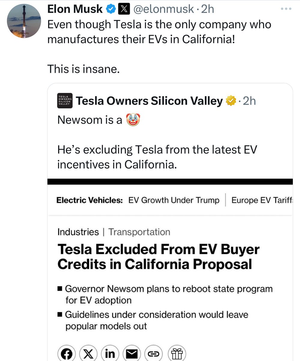 Elon Musk is big mad that Tesla has been left off Gavin Newsom’s tax credits for EVs in California if Donald gets rid of them at the federal level.

I love this for him.

🍿