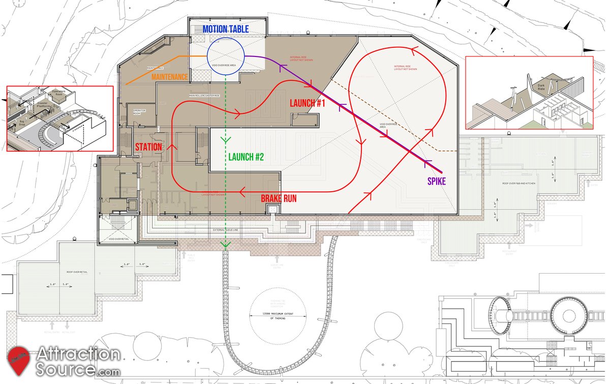AttractionSc's tweet image. With Intamin referenced as the manufacturer of the rollercoaster, it certainly looks like a new Multi Dimension Coaster could be on its way to the UK!
We've identified one image which seems to reveal the internal layout, and used this as a basis to create a speculative layout 👀