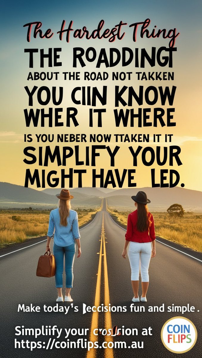 Muhamma42946191's tweet image. 🌟 "The hardest thing about the road not taken is that you never know where it might have led. Simplify your crossroads with a coin flip at coinflips.com.au." 🪙 Make today's decisions fun and simple! #MotivationMonday #SimpleDecisions