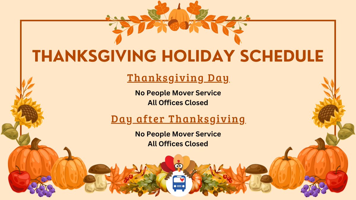 ancpeoplemover's tweet photo. There will be no People Mover bus service, and all offices will be closed on Thanksgiving Day, Thursday, 11/28, and the day after Thanksgiving on Friday, 11/29. Regular weekend service will resume on Saturday, 11/30.
#Anchorage #PeopleMover #PublicTransportation #Thanksgiving https://t.co/hrOXTpJ3qR