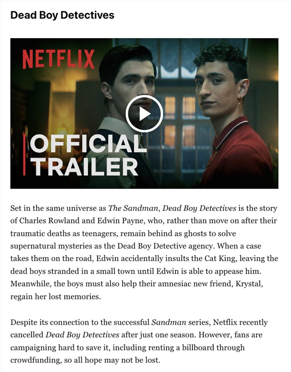 “However, fans are campaigning hard to save it, including renting a billboard through crowdfunding, so all hope may not be lost!” 💜

vocal.media/geeks/missing-…

#SaveDeadBoyDetectives  #DeadBoyDetectives