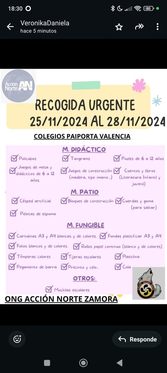 Desde mañana día 26, martes, y hasta el jueves 28 vamos a realizar una recogida solidaria de material escolar para colegios de Paiporta. La recogida la organiza la ONG Acción Norte. 
Colegio Morales del Vino