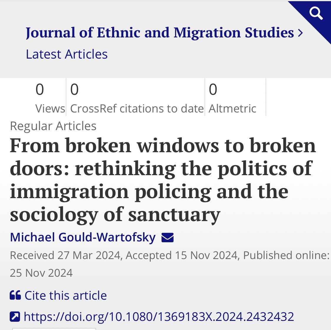 Update:  My latest article is now available online. "From Broken Windows to Broken Doors:  Rethinking the Politics of Immigration Policing and the Sociology of Sanctuary" is a comparative study of sanctuary and non-sanctuary cities and counties, drawing on declassified data from