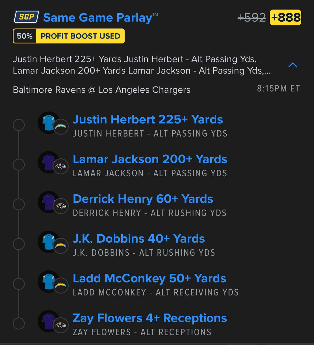 🚨 MNF Same Game Parlay (+888) 🚨

What a wild Saturday! Let’s bounce back from that college football play with this same game parlay for #MondayNightFootball 🙏🏻

This play is +592 but I used my 50% boost I received from the <a href="/FDSportsbook/">FanDuel Sportsbook</a> Daily Shuffle to boost this to +888! 📈