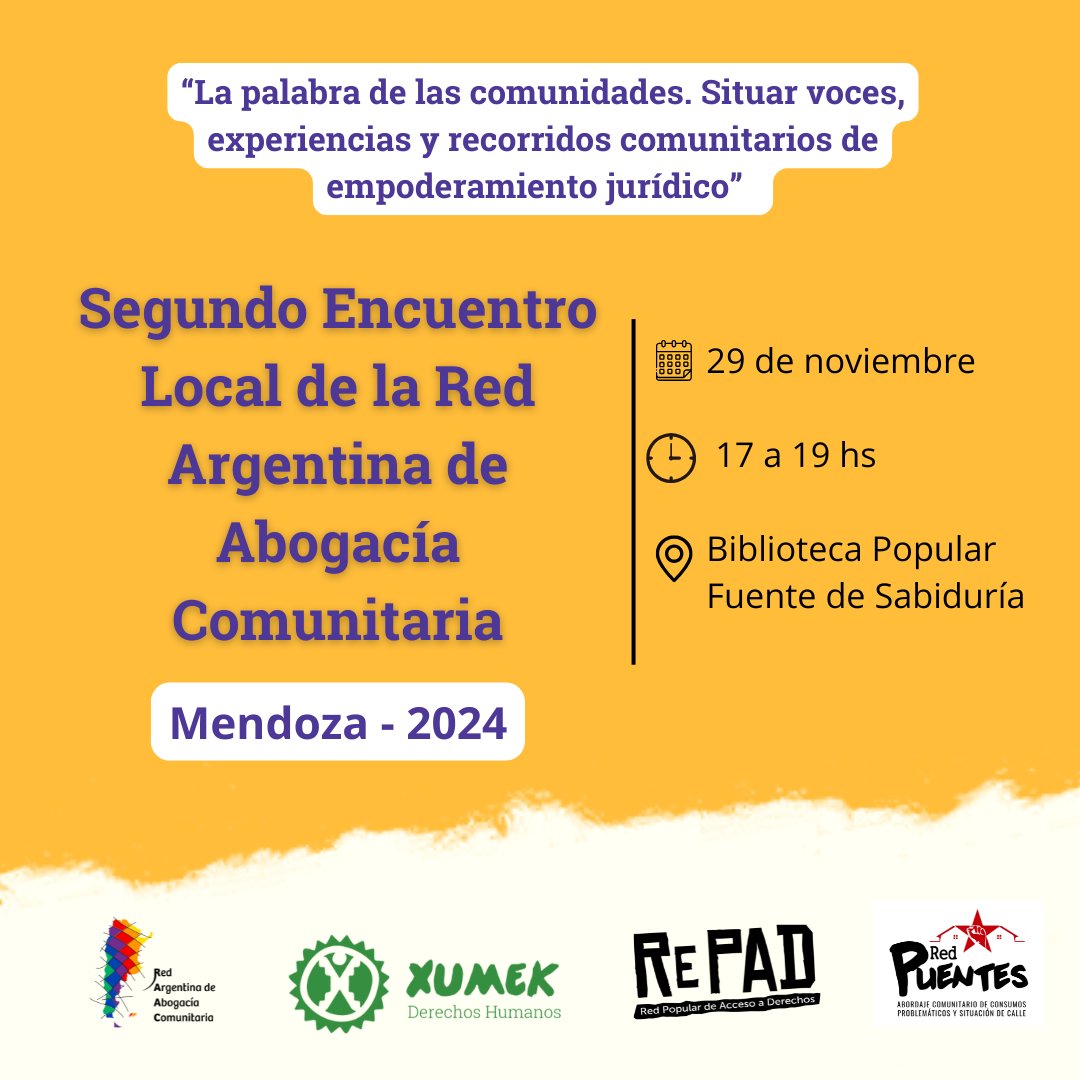 ¡Se viene el 2° Encuentro Local de la Red Argentina de Abogacía Comunitaria en Mendoza!
Se va a realizar este viernes 29/11 de 17 a 19hs en la Biblioteca Popular Fuente de Sabiduría
Accedé al formulario de inscripción para participar: bit.ly/SegundoEncuent…